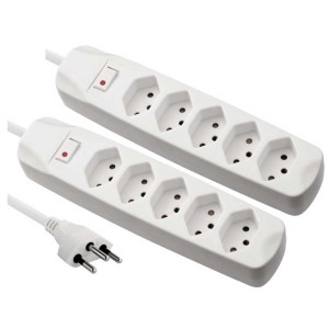 Zwei weiss-graue Fix-Line Steckdosenleisten mit je 5 T13-Steckdosen und 1,5 m Kabel.