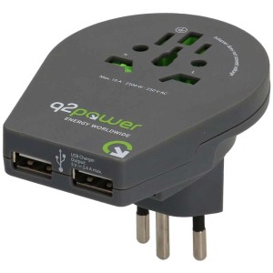 Welt-Adapter für CH/IT/BRA mit USB-Anschluss, 10 A/250 V. Grau, mit Stecker-Optionen für verschiedene Länder.