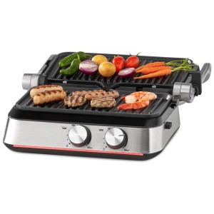 Grill Trisa a doppia piastra Prime Panini in acciaio inox con salsicce, verdure e frutti di mare.