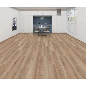 Sol vinyle Chêne Lyon avec système clic installé dans une salle à manger moderne.