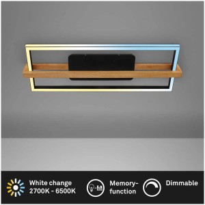 Plafonnier LED noir avec garniture en bois, dimmable et avec changement de couleur.