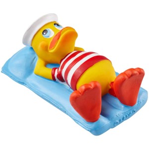Lanco Anatra Bagnetto Pool Chill: Anatra gialla con cappello da marinaio e maglietta a righe bianche e rosse su materassino blu.