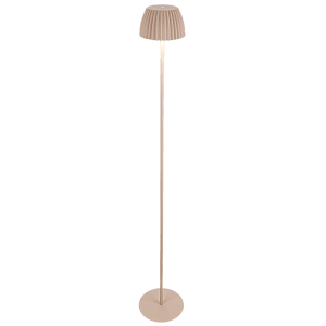 Lampadaire à batterie beige Brilo Riffle avec abat-jour côtelé et bord lumineux.