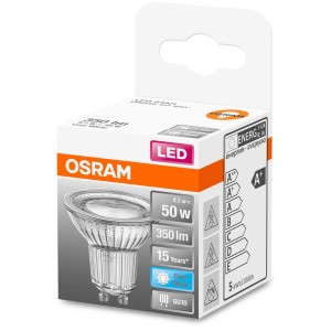 Osram LED Riflettore PAR16 GU10, bianco freddo, 50W, 350lm, angolo di emissione 120°.