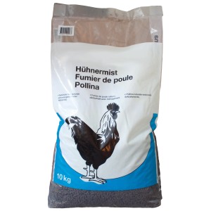 Sack Geistlich Hühnermist 10kg, Bio-Dünger mit Hahn-Motiv.