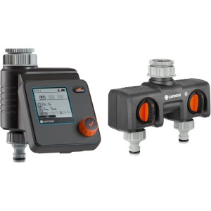 Centralina per irrigazione Gardena Select con distributore a 2 vie per irrigazione flessibile del giardino.