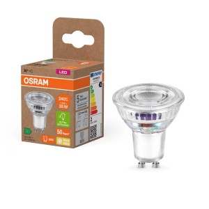 Lampadina LED Osram GU10, forma a riflettore, 1.3 W, bianco caldo, con confezione.