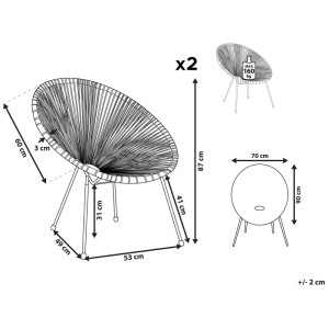 Disegno tecnico del set 2 sedie da giardino Beliani Acapulco con seduta in polyrattan e telaio in acciaio. Mostra misure e 160 kg.