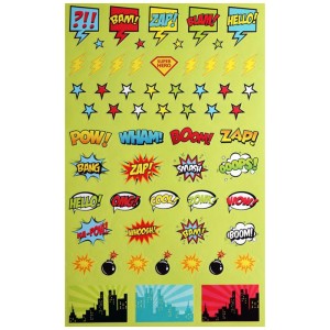 Livre de stickers avec des motifs de héros de bande dessinée, des bulles de dialogue et des silhouettes de ville pour les loisirs créatifs.