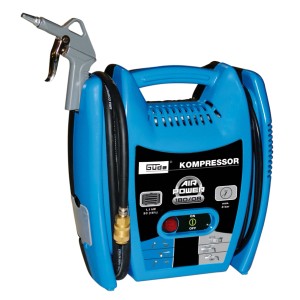 Compresseur bleu Güde Airpower 180/08 avec accessoires comme pistolet à air et tuyau.