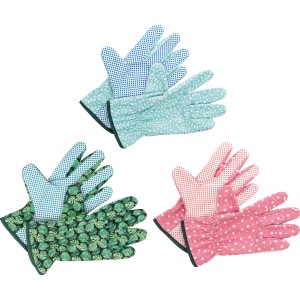 Set da 3 guanti da giardino in cotone taglia 8 con diversi motivi.
