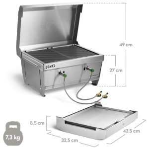 Burnhard Jones grill de camping avec 2 brûleurs en acier inoxydable, dimensions et poids indiqués.
