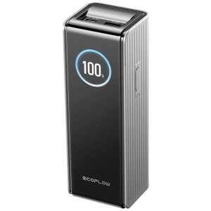 Powerbank Ecoflow Rapid grise avec 25000 mAh et port USB-C. Niveau de batterie 100 % sur l'écran.