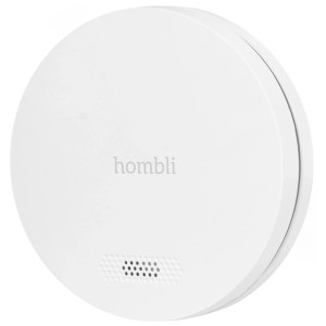 Weißer Hombli Smart Rauchmelder für Hausautomation mit Hombli Logo und Lautsprecher.