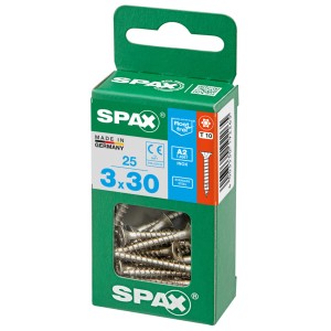 Viti Spax in acciaio inox A2, 3x30 mm, 25 pezzi in scatola verde.