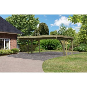 Karibu Doppelcarport Classic aus Holz mit PVC Dachplatten im Garten.