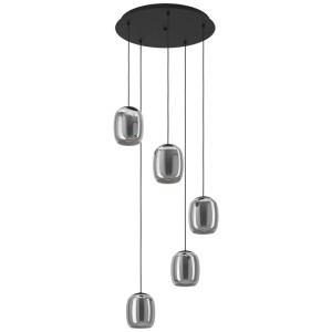 Moderna lampada a sospensione Eglo Ciampino a 5 luci con paralumi in vetro grigio e struttura in acciaio nero.