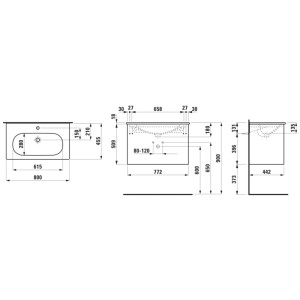 Disegno tecnico Laufen set mobili bagno Lua Slim 80 cm: lavabo e mobile sottolavabo bianco opaco con misure.