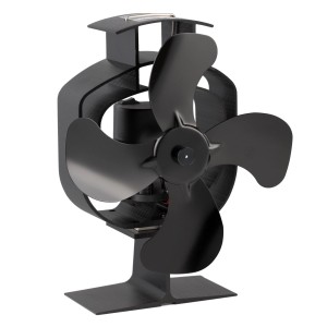 Ventilateur de poêle Valo noir, sur pied, avec rotor rotatif pour la distribution de la chaleur.