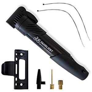Fahrliebt Mini-Fahrradpumpe, schwarz, mit Halterung und Adaptern für Fahrradreifen, Bälle und Luftmatratzen.