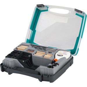 wolfcraft Kit de tourillons universel Master, 78 pièces dans une mallette avec tourillons, forets, colle et accessoires.