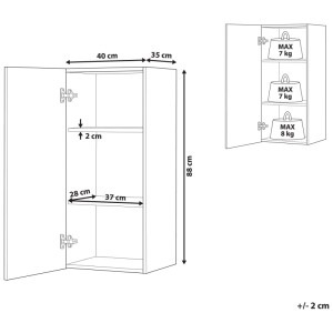 Disegno tecnico pensile bagno Beliani Bilbao: 88x40x35 cm, 3 ripiani, 1 anta. Mostra misure e portata 7-8 kg.
