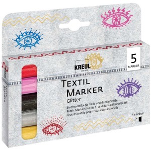 Kreul Textilmarker Glitter, 5er-Set Stoffmalstifte in Rot, Rosé, Schwarz, Silber und Gold.