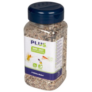 Witte Molen Vogelgrit Plus, 600g, in contenitore trasparente con coperchio blu.
