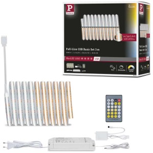 Set base striscia LED Paulmann MaxLED 1000 COB 3m con accessori e confezione.