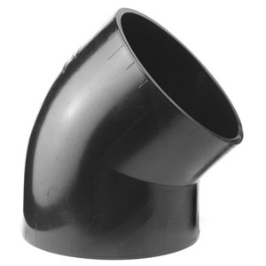 Curva per tubo di scarico nero, 45 gradi, Ø 75 mm, in polietilene.