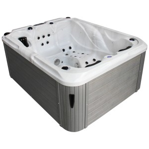 Spa extérieur Sonnenkönig Lanai blanc, bain à remous fixe avec revêtement gris et intérieur blanc.