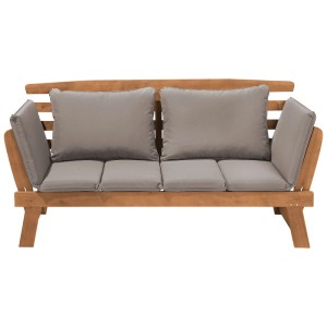 Banc de jardin Beliani Portici, 2 places en bois d'eucalyptus avec coussins taupe.