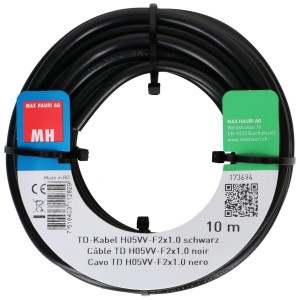 Câble TD noir H05VV-F, 2x1,0 mm², bobine de 10 m, câble en plastique flexible.