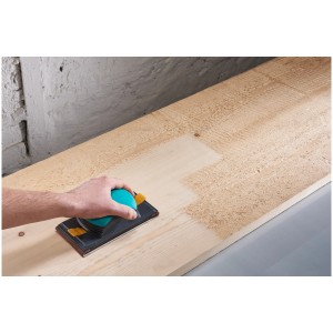 Wolfcraft Universalschleifer im Einsatz auf Holz, Schleifmittel für Flächen und Ecken.