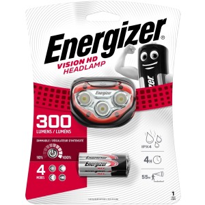Energizer Vision HD Lampe frontale avec 3 piles AAA, 300 lumens, 4 modes, étanche.