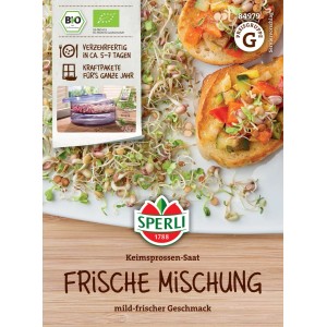 Sperli Bio Germogli Mix Fresco: Confezione con germogli e suggerimento di servizio su pane.