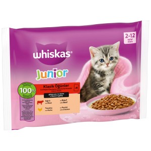 Whiskas Junior nourriture humide pour chatons, lot de 4x85g au bœuf et poulet.