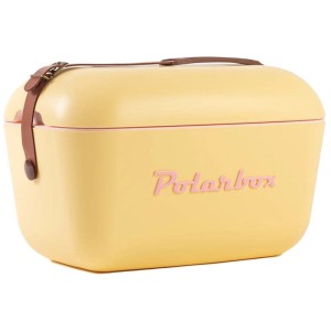 Polarbox frigo portatile giallo in stile retrò con tracolla marrone, capacità 12 litri.