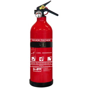 Extincteur à poudre rouge pour voiture, 1 kg, classe ABC, avec manomètre et support mural.