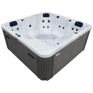 Spa extérieur Sonnenkönig Borneo blanc, bain à remous fixe pour 4 personnes avec revêtement extérieur gris.
