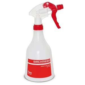 Pulvérisateur manuel Birchmeier Foxy, 0,5 l, avec tête de pulvérisation rouge et récipient transparent.