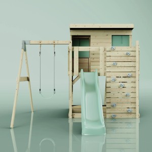 PolarPlay Torre gioco Tjorven con altalena e scivolo, verde menta, in legno.
