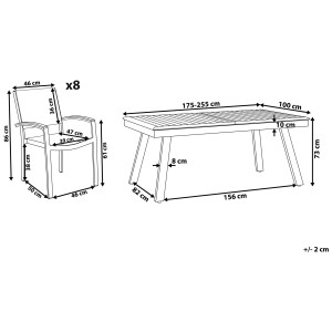 Schéma : Ensemble de meubles de jardin Pereta, table extensible, 8 chaises, dimensions en cm.