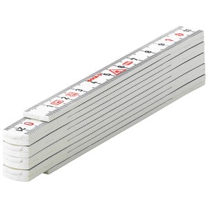 Sola HKM 1/10 mètre pliant en plastique, plié. Outil de mesure en plastique blanc avec échelle rouge.