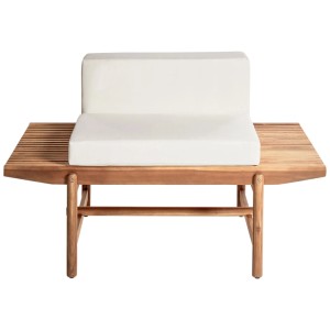 Banc de jardin Giaveno en bois d'acacia avec coussin blanc crème. Banc extérieur robuste.