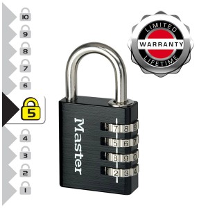 Master Lock Zahlen-Vorhängeschloss, 4-stellig, schwarz, 40mm. Aluminiumgehäuse mit Stahlbügel.