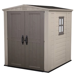 Abri de jardin en plastique Keter 3,39 m² avec double porte et fenêtre, beige/marron.