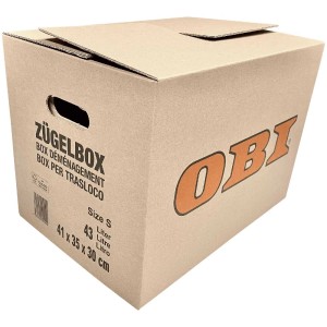 Carton de déménagement OBI, double cannelure, taille S, 43 l, en carton certifié FSC® avec poignées.