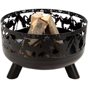 Brasero noir Helvetica Ø 60 cm avec décor montagne et bûches.