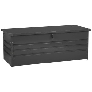 Graphitgraue Beliani Auflagenbox Cebrosa aus Stahl, 63x165x70 cm, ideal zur Aufbewahrung im Garten.
